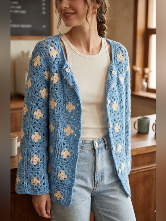 Handmade Sweaters - VTG Handmade Granny Square Crochet Cardigan Blue White Oversized OS